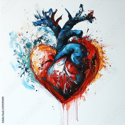 A vivid abstract painting of a human heart blending anatomical realism and expressive splashes of red, blue, and orange, symbolizing emotion, passion, and the fusion of art and science