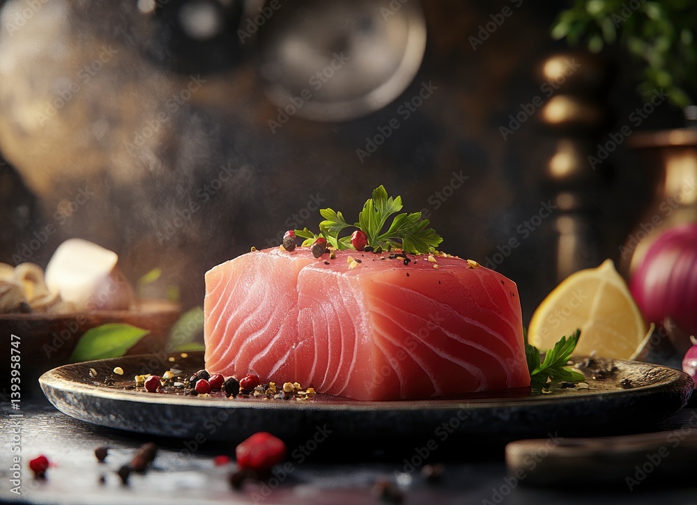 Fresh Tuna Steak on Plate with Herbs and Spices Preparation