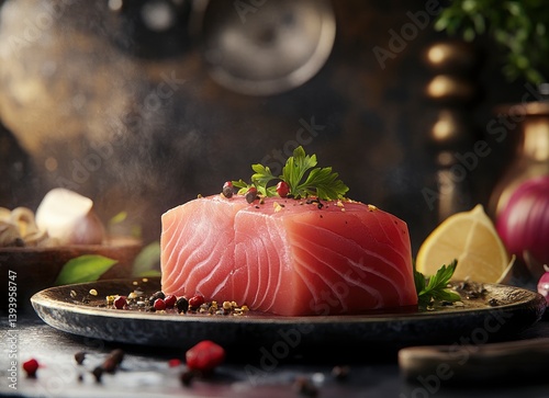 Obraz na płótnie Fresh Tuna Steak on Plate with Herbs and Spices Preparation w salonie