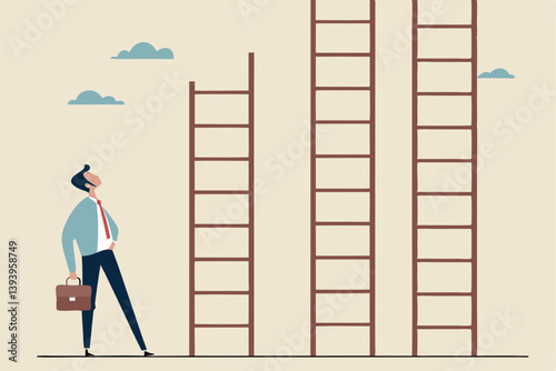 Choosing success ladder, difference career path, opportunity or various choices, challenge to choose best option, climb up ladder of success concept, businessman thinking to choose the right ladder.
