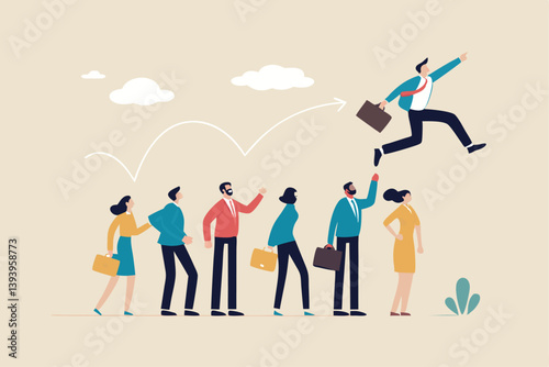 Career competition, job promotion or selfish colleagues jump over other people to get to goal, take advantage of coworker to success, selfish businessman jump over other people to achieve target.