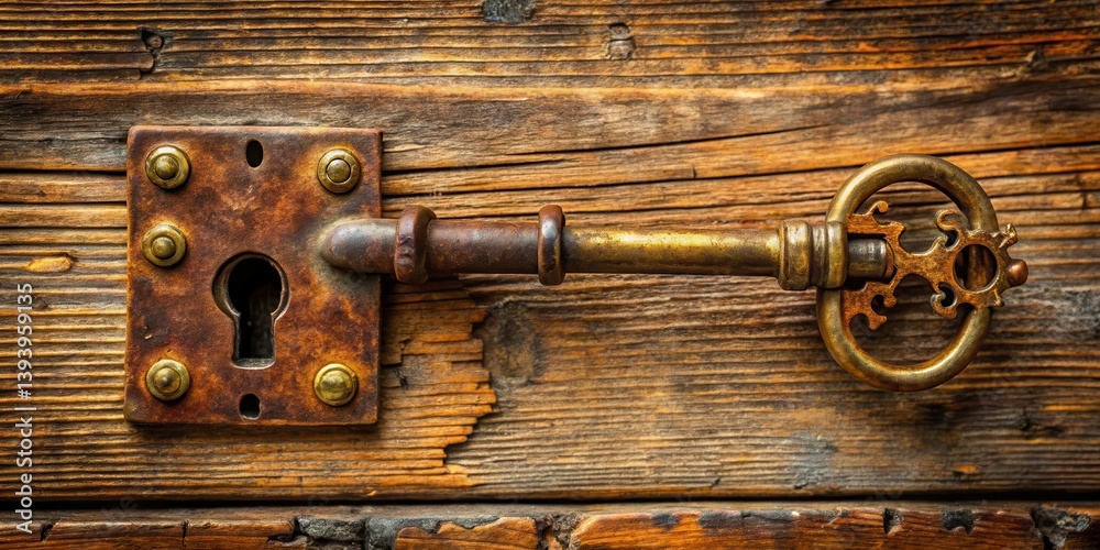 Ancient rusty door lock with golden skeleton key, historic key Ancient rusty door lock with golden skeleton key, historic key