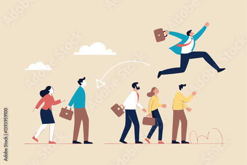 Career competition, job promotion or selfish colleagues jump over other people to get to goal, take advantage of coworker to success, selfish businessman jump over other people to achieve target.