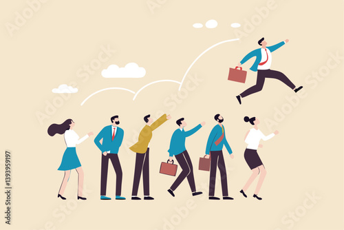 Career competition, job promotion or selfish colleagues jump over other people to get to goal, take advantage of coworker to success, selfish businessman jump over other people to achieve target.