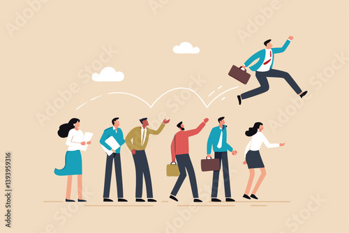 Career competition, job promotion or selfish colleagues jump over other people to get to goal, take advantage of coworker to success, selfish businessman jump over other people to achieve target.