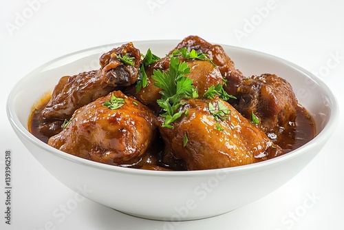 A realistic photo of Slow-Cooked Chicken Adobo, hyper-realistic, isolated on white