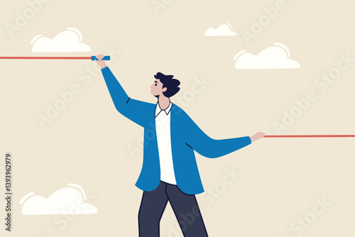 Expectation vs reality result, aim high standard or ambition to success and achieve goal, challenge or hope, motivation concept, businessman make an expectation and other hand as result line.