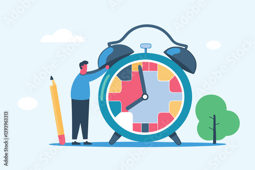 Task management or manage project to do list, productivity tools, schedule and deadline, organize busy work, Kanban board for efficiency concept, project manager hold pencil with task on alarm clock.
