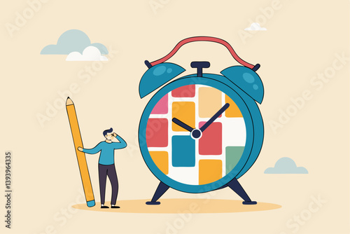 Task management or manage project to do list, productivity tools, schedule and deadline, organize busy work, Kanban board for efficiency concept, project manager hold pencil with task on alarm clock.