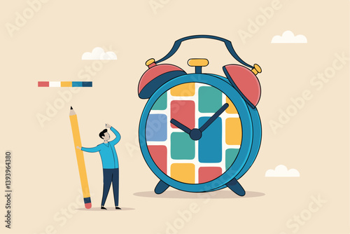 Task management or manage project to do list, productivity tools, schedule and deadline, organize busy work, Kanban board for efficiency concept, project manager hold pencil with task on alarm clock.