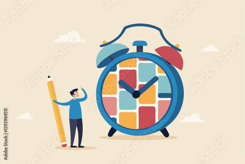 Task management or manage project to do list, productivity tools, schedule and deadline, organize busy work, Kanban board for efficiency concept, project manager hold pencil with task on alarm clock.