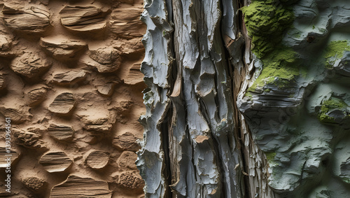 Close-up Textured Tree Bark with Peeling Layers and Natural Patterns