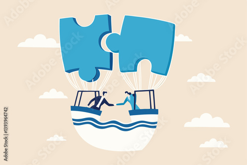 Partnership or teamwork to solve problem, agreement to success together, collaborate or cooperation, people to fit in job, jigsaw puzzle concept, businessman handshake on connect jigsaw balloon.