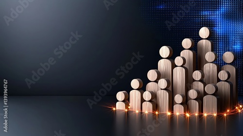 Wooden figures representing growth and teamwork, surrounded by a glowing curve, against a digital backdrop