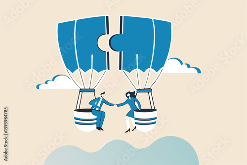 Partnership or teamwork to solve problem, agreement to success together, collaborate or cooperation, people to fit in job, jigsaw puzzle concept, businessman handshake on connect jigsaw balloon.