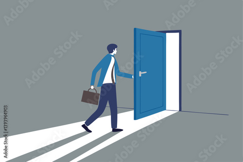 Open the door to find new opportunity, new job or get out of comfort zone, hope to find success, way to exit, escape to bright future concept, businessman open the door to see bright light coming in.