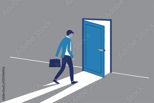 Open the door to find new opportunity, new job or get out of comfort zone, hope to find success, way to exit, escape to bright future concept, businessman open the door to see bright light coming in.