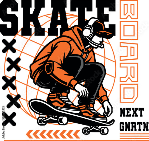 Bold vector illustration of a young skateboarder in hoodie and cap, crouched on a skateboard with dynamic graphic elements and text 'SKATEBOARD - NEXT GNRTN'. Designed in a modern street style with or