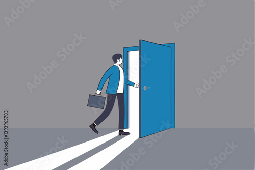 Open the door to find new opportunity, new job or get out of comfort zone, hope to find success, way to exit, escape to bright future concept, businessman open the door to see bright light coming in.