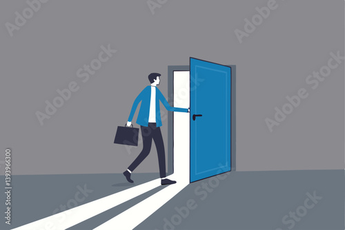 Open the door to find new opportunity, new job or get out of comfort zone, hope to find success, way to exit, escape to bright future concept, businessman open the door to see bright light coming in.