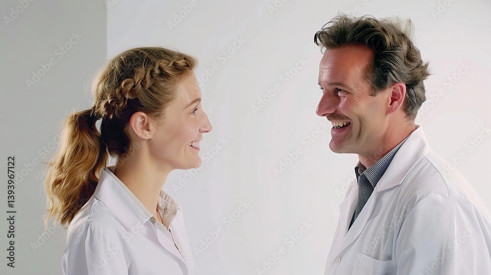 Smiling doctors facing each other in bright medical setting Smiling doctors facing each other in bright medical setting