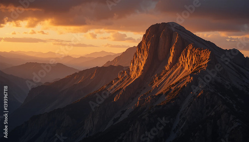 A mountain ridge, creating a dramatic landscape with shadows and glowing sky.