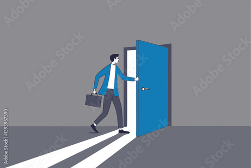 Open the door to find new opportunity, new job or get out of comfort zone, hope to find success, way to exit, escape to bright future concept, businessman open the door to see bright light coming in.