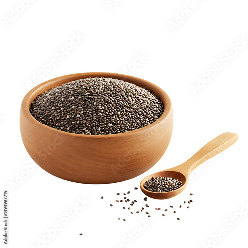 Chia Seeds in Wooden Bowl and Spoon on Transparent Background

