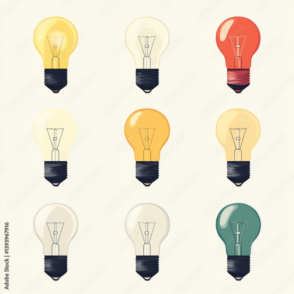 Colorful lightbulb collection on a light background, showcasing a variety of warm and cool tones. Possible use education, design, inspiration Colorful lightbulb collection on a light background, showcasing a variety of warm and cool tones. Possible use education, design, inspiration