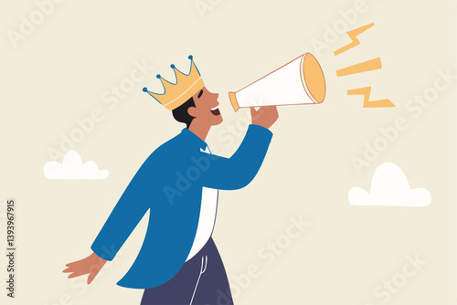 Big boss or company president, CEO or chief executive officer, employer, leadership or manager, bossy management concept, furious businessman boss shouting on megaphone while pointing direction.