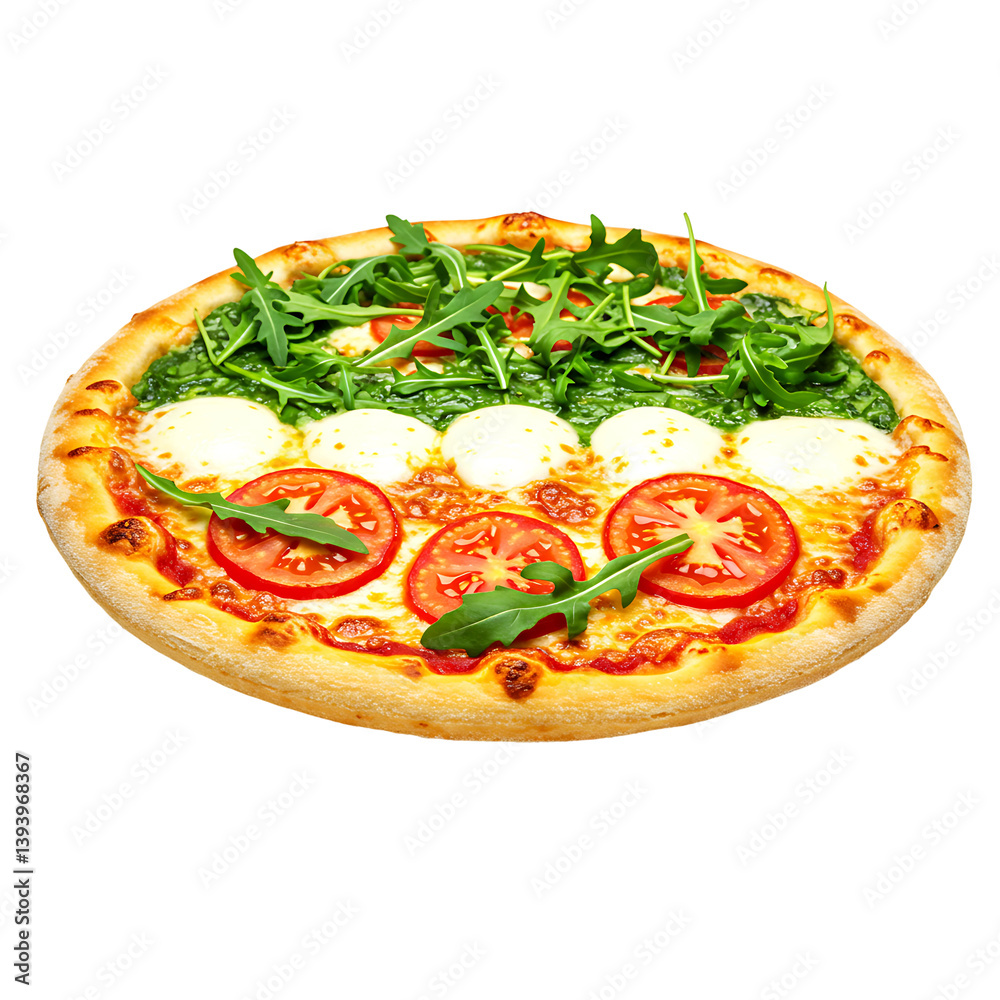 Tricolor Italian Pizza with Arugula Mozzarella and Tomato on Transparent Background
Tricolor Italian Pizza with Arugula Mozzarella and Tomato on Transparent Background