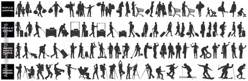 silhouettes of architecture drawing people. Architectural drawing people at airport, shopping, working group of people and different hobbies in row section elevation view. characters in architectural.