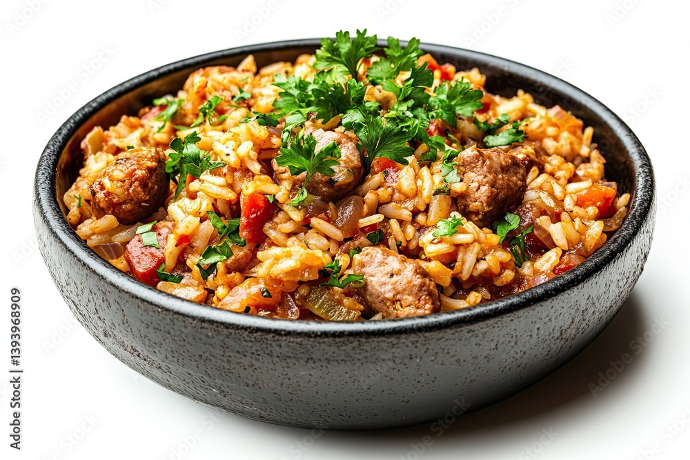 A realistic photo of Slow-Cooked Jambalaya, hyper-realistic, isolated on white A realistic photo of Slow-Cooked Jambalaya, hyper-realistic, isolated on white