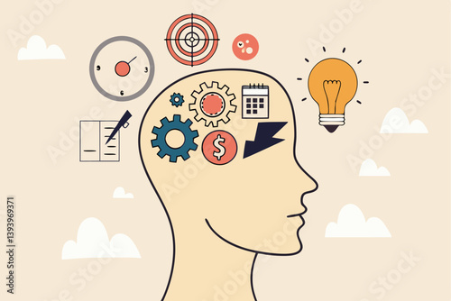 Learn new skills, knowledge or ability to work achieve success, new idea, training or study new skills, upskill or smart thinking, human head brain with skills symbol, creativity, time management.