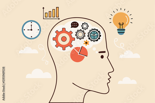 Learn new skills, knowledge or ability to work achieve success, new idea, training or study new skills, upskill or smart thinking, human head brain with skills symbol, creativity, time management.