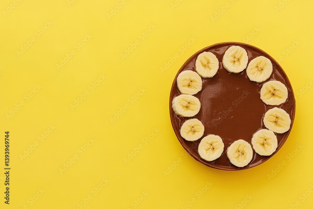 Fototapeta premium A delicious chocolate dessert is arranged with banana slices on a plate