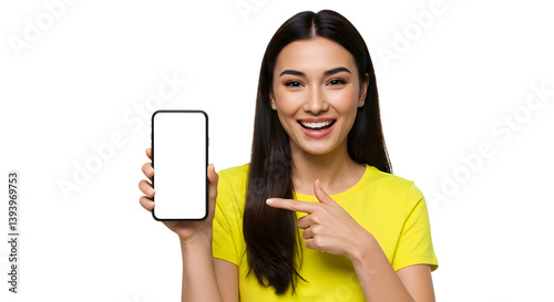 Smiling Woman Holding a  Blank Phone Screen  Female with Smartphone in Hand Young Woman Displaying Phone Screen isolated on transparent background 
