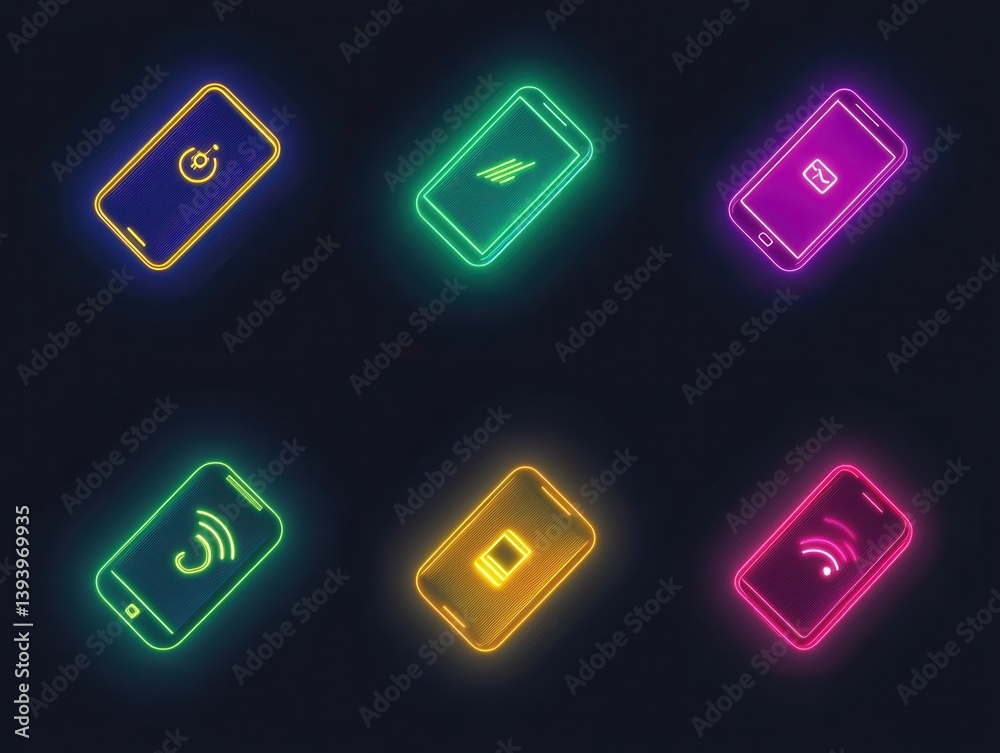 Neon smartphone icon set on dark background Neon smartphone icon set on dark background