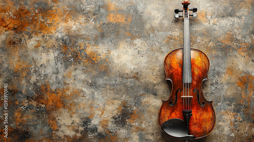 Violin on textured background, musical instrument, top view
