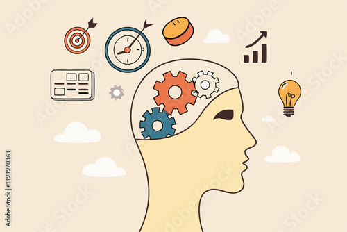 Learn new skills, knowledge or ability to work achieve success, new idea, training or study new skills, upskill or smart thinking, human head brain with skills symbol, creativity, time management.