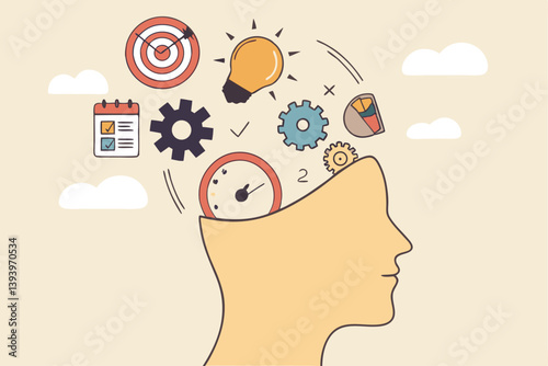 Learn new skills, knowledge or ability to work achieve success, new idea, training or study new skills, upskill or smart thinking, human head brain with skills symbol, creativity, time management.