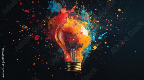 Colorful paint explosion inside lightbulb, dark background, creative concept, ad campaign