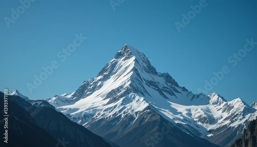 Snow-covered mountain peak against a bright blue sky, pristine and majestic view