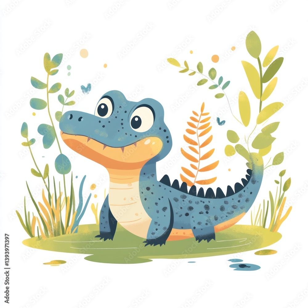 Fototapeta premium Cute cartoon alligator in a jungle setting