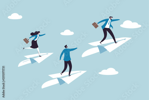 Success leadership to lead team to achieve goal, motivation or aspiration to drive company, teamwork or career opportunity concept, businessman ride paper airplane origami lead team flying to success.