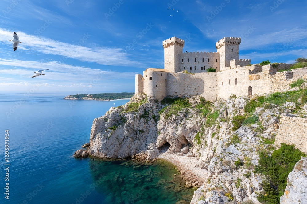 Miramare Castle dominating the Gulf of Trieste under a beautiful blue sky with flying seagulls Miramare Castle dominating the Gulf of Trieste under a beautiful blue sky with flying seagulls