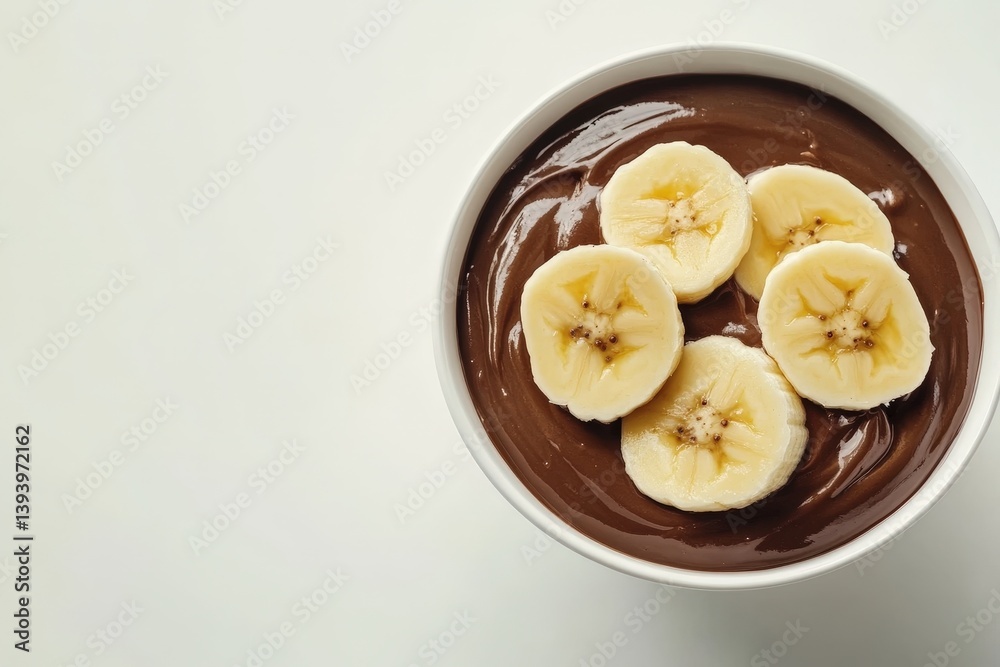 Chocolate pudding with banana slices in a white bowl Chocolate pudding with banana slices in a white bowl