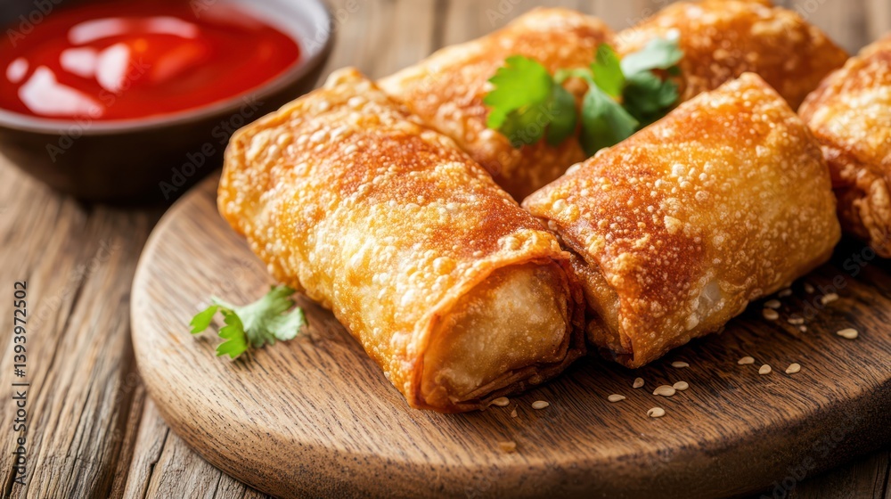 Crispy Egg Rolls, Sesame Seeds, Wooden Board, Sweet Sauce, Rustic Kitchen Crispy Egg Rolls, Sesame Seeds, Wooden Board, Sweet Sauce, Rustic Kitchen