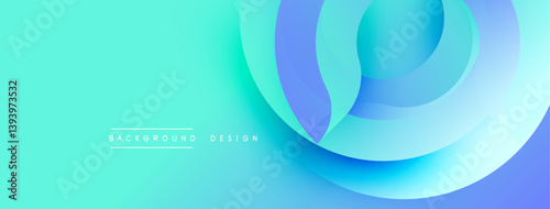 Abstract background features overlapping circular layers. Gradient transitions shift from turquoise to blue, creating dynamic visual effect. Modern design element.