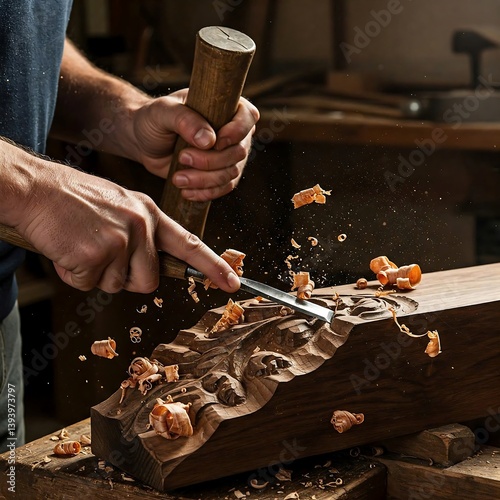 A carpenter using a chisel and mallet to carve intricate details into a piece of dark wood 